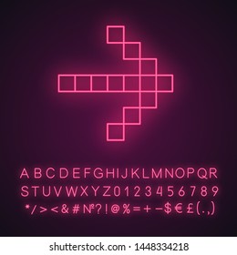 Pixel arrow neon light icon. Forward marker. Indicating pointer button. Pixel gaming arrow. Mosaic navigation symbol. Glowing sign with alphabet, numbers and symbols. Vector isolated illustration