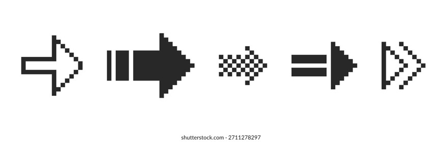 Conjunto de flechas de píxeles. Pixel art diferentes direcciones 8 bit gaming consola estilo signo. Icono de interfaz. Colección