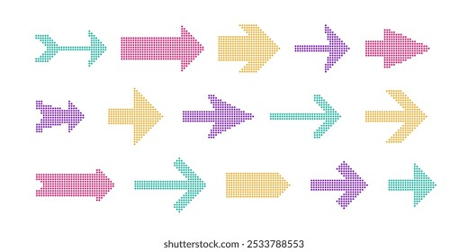 Conjunto de flechas de píxeles. Colección colorida del cursor punteado. Diferentes marcas y punteros