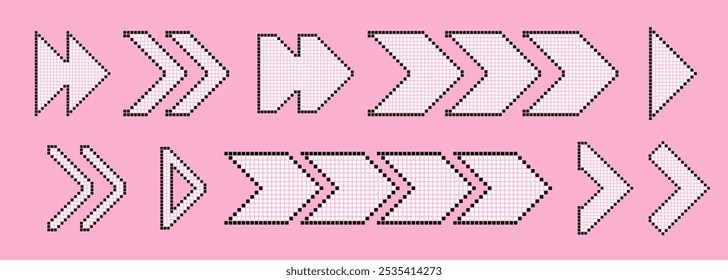 Conjunto de flechas de píxeles. Colección colorida del cursor punteado. Diferentes marcas y punteros