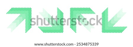 Pixel arrow set. Green halftone arrows turned in four different directions isolated on a white background