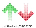 Pixel arrow set. Two halftone arrows increase and decrease template. Red and green color. 
