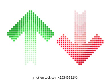 Pixel arrow set. Two halftone arrows increase and decrease template. Red and green color. 