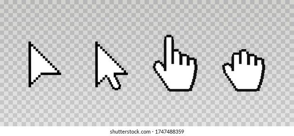 Pixel arrow web cursors, digital hand pointers vector black pictograms on transparent background. Vector illustration.