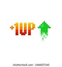Pixel art 1 level up and green arrow icon on white background - isolated vector illustration