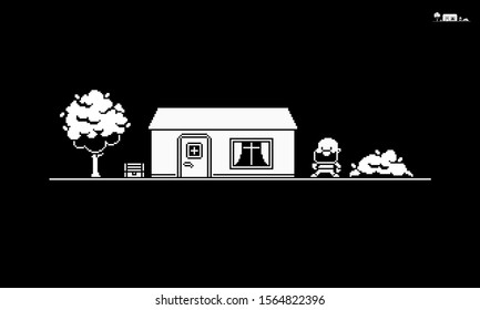 Pixel art 1bit black and white scene with character, house, tree, chest and bush