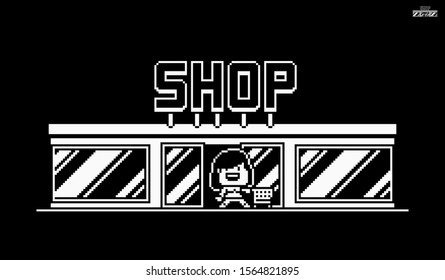 Pixel art 1bit female character with shopping cart coming from supermarket doors