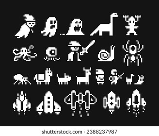 Pixel art, 1-bit icon set, black and white emojis, monsters, heroes and spaceships. Game design, mobile application details. Isolated vector illustration