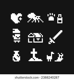 Arte de píxeles, conjunto de iconos de 1 bit, emoji blanco y negro, monstruos, héroe con espada y pecho. Ilustración vectorial aislada
