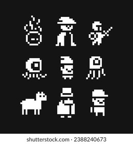 Pixel art, 1-bit icon set, black and white emoji, monster and ghost, hero with weapon. Logo, sticker and mobile app design. Isolated vector illustration