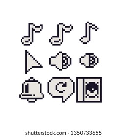 Pixel art 1bit icons set, music notes, bell and speaker, element design for logo mobile app, web, sticker. Isolated 80s abstract vector illustration. 