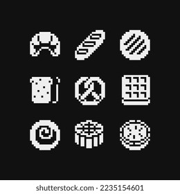 Juego de íconos de 1 bit de arte del Pixel, emoticonos negros y blancos, bollería, panecillos, pan, pretzel, gofres, croissant, baguette, pastel y sándwich. Diseño para logotipo, sticker y aplicación móvil. Ilustración vectorial aislada.