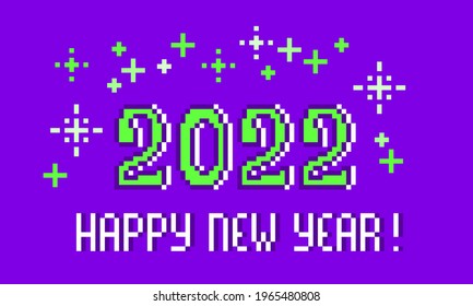 Pixel art 2022 Happy New Year print with green and white sparkles on violet background. 8 bit holiday card.Old school vintage retro 80s, 90s computer, video game graphics. Slot machine design element