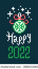 Pixel art 2022 Happy New Year banner, Christmas decoration on dark green background. 8 bit holiday card. Old school vintage retro 80s, 90s 2d computer, video game graphics. Slot machine design element