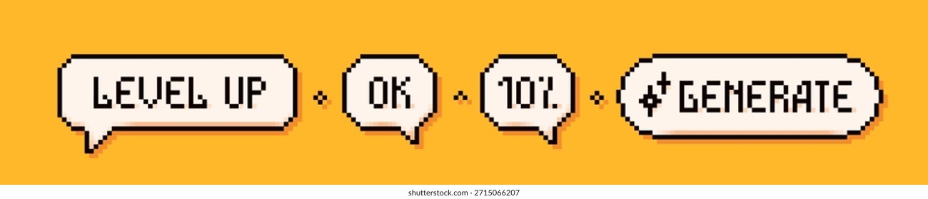 Pixel art 3 burbujas de discurso: subir de nivel, ok, 10 por ciento y generar palabras sobre fondo amarillo.
