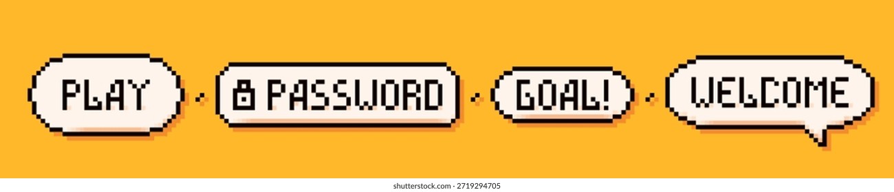 Pixel Art 3-Sprechblasen: Spiel, Passwort, Tor und Willkommensworte auf gelbem Hintergrund.