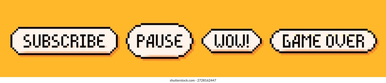 Pixel art 3 burbujas de discurso: Suscribirse, pausa, wow y juego sobre palabras sobre fondo amarillo.