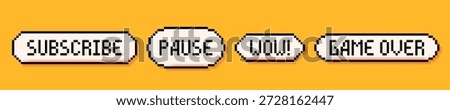 Pixel art 3 speech bubbles: subscribe, pause, wow and game over words on yellow background.