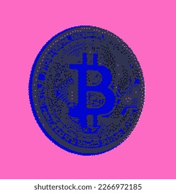 Pixel art of a 3D bitcoin currency on a pink background.