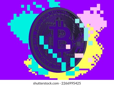 Pixel art of a 3D bitcoin currency on a glitched background background.