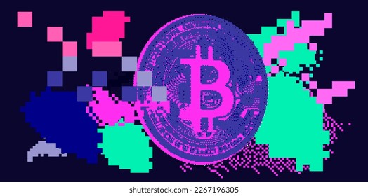 Pixel de una moneda de bitcoin 3D sobre un fondo resquebrajado.