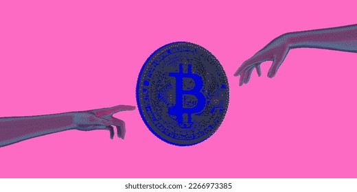 Pixel art of a 3D hands trying to touch bitcoin currency on a pink background.