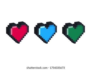 Pixel art 3D heart. love and valentine. Pixel game life bar. Vector art 8 bit health heart bar. Gaming controller, symbol.