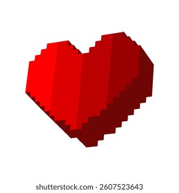 Pixel art of 3D red heart. Pixelated embossed red heart. Love symbol.  