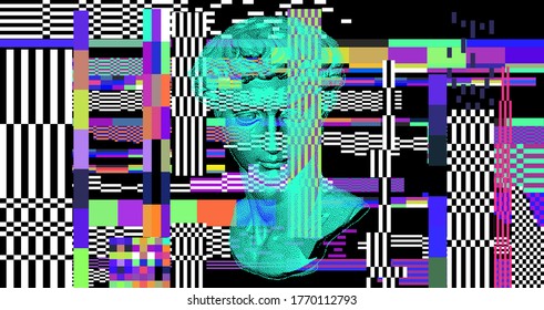 Pixel art 3D rendering of Michelangelo's David head. Retrofuturistic vector illustration in vaporwave and retrowave 80's aesthetics style.