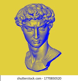 Pixel art 3D rendering of Michelangelo's David head. Classical sculpture in vivid colors. Retrofuturistic vector illustration in vaporwave and retrowave 80's aesthetics style.