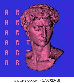 Pixel art 3D rendering of Michelangelo's David head. Retrofuturistic vector illustration in vaporwave and retrowave 80's aesthetics style.