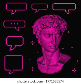 Pixel art 3D rendering of Michelangelo's David head. Retro futuristic vector illustration in vaporwave and retrowave 80's aesthetics style.