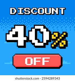 Pixel art 40% discount banner in retro video game style. Perfect for sales, promotions, and e-commerce deals