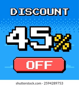 Pixel art 45% discount banner in retro video game style. Perfect for sales, promotions, and e-commerce deals