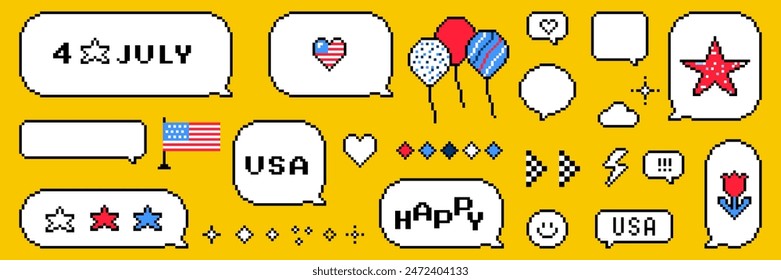 Pixel art. 4th of July text messages illustration set. USA Independence Day. American flag, balloon, pixel speech bubbles. Y2k trendy playful pixelated stickers. 8 bit retro style vector illustration