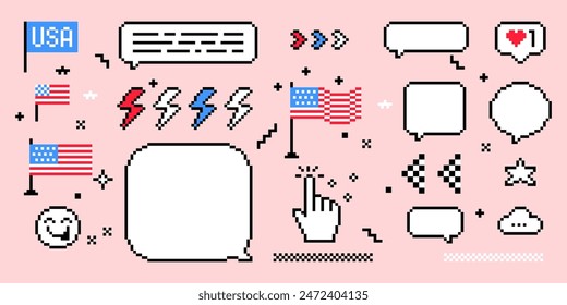 Pixel art. 4th of July text messages illustration set. USA Independence Day. American flag, balloon, pixel speech bubbles. Y2k trendy playful pixelated stickers. 8 bit retro style vector illustration