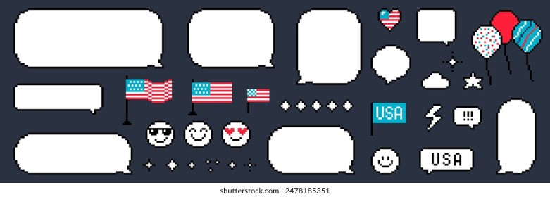 Pixel art. 4 de julio mensajes de texto conjunto de ilustraciones. Día de la Independencia de Estados Unidos. Bandera estadounidense, globo, burbujas de voz de píxel. Y2k pegatinas pixeladas juguetonas de moda. Ilustración vectorial de estilo retro de 8 bits