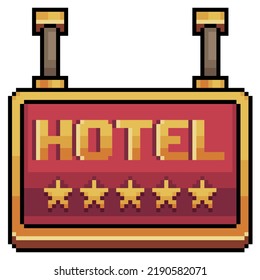 Pixel art 5 star hotel sign. red and gold plate vector icon for 8bit game on white background