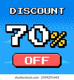 Pixel art 70% discount banner in retro video game style. Perfect for sales, promotions, and e-commerce deals