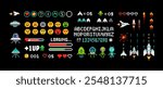 Pixel Art 8 bit arcade game elements with icons and font alphabet. Ufo aliens, space ships, rockets, . Vintage 8 bit computer game. Retro video game sprites. Pixelated Space arcade. Vector template