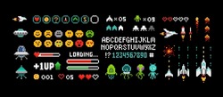 Pixel Art 8 bit arcade game elements with icons and font alphabet. Ufo aliens, space ships, rockets, . Vintage 8 bit computer game. Retro video game sprites. Pixelated Space arcade. Vector template
