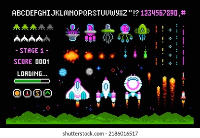 Pixel Art 8 bit arcade game interface elements with icons. Ufo aliens, space ships, rockets, . Vintage 8 bit computer game. Retro video game sprites. Pixelated Space arcade. Vector template