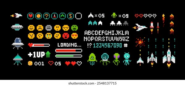 Pixel Art 8 bit arcade game elements with icons and font alphabet. Ufo aliens, space ships, rockets, . Vintage 8 bit computer game. Retro video game sprites. Pixelated Space arcade. Vector template