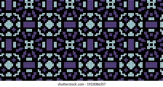 Pixel art 8 bit background Seamless Pattern, colors:  Black , MediumPurple, PaleTurquoise
