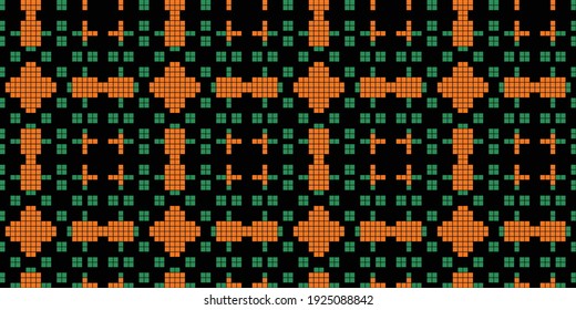 Pixel art 8 bit background Seamless Pattern, colors:  Black , SeaGreen, DarkOrange