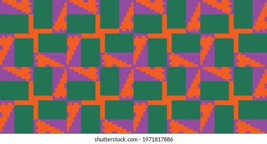 Pixel art 8 bit background Seamless Pattern. Vector illustration  Colors:  International Orange, Salem, Electric Purple