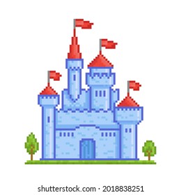 Pixel art 8 bit blue boys castle vector icon. Pixel fortresses with towers for retro video game design. Cartoon style illustration isolated on white