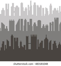 Pixel art 8 bit cartoon illustration of grey outline different city buildings isolated on white background, vector eps 10