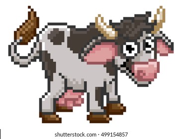 Pixel art 8 bit cartoon cute cow farm animal character
