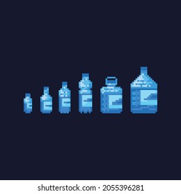 Pixel art 8 bit collection of recyclable plastic water bottles isolated vector illustration set